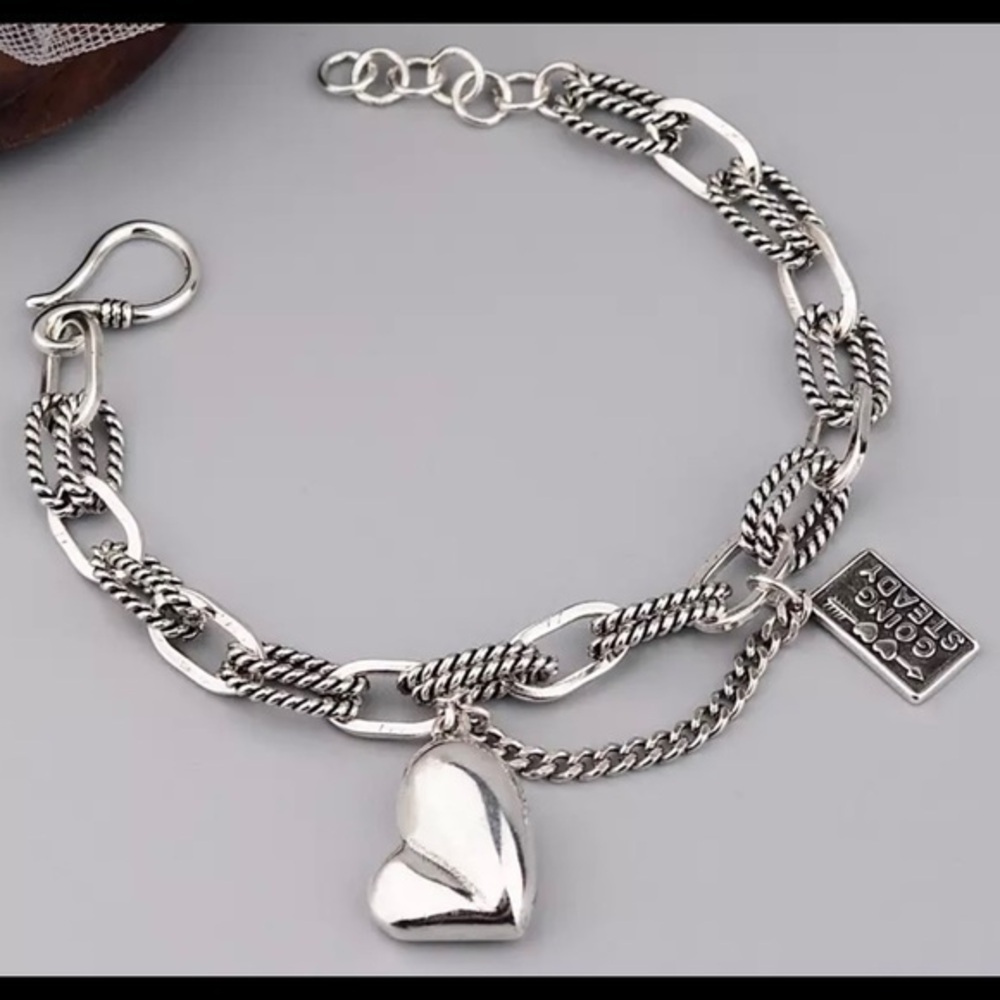 925 STERLING SILVER BRACELET WITH HEART AND GOING STEADY PENDANTS